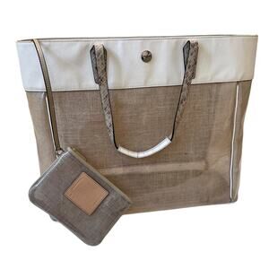 Coach Translucent Vinyl Burlap And White Leather Tote With Coin Purse